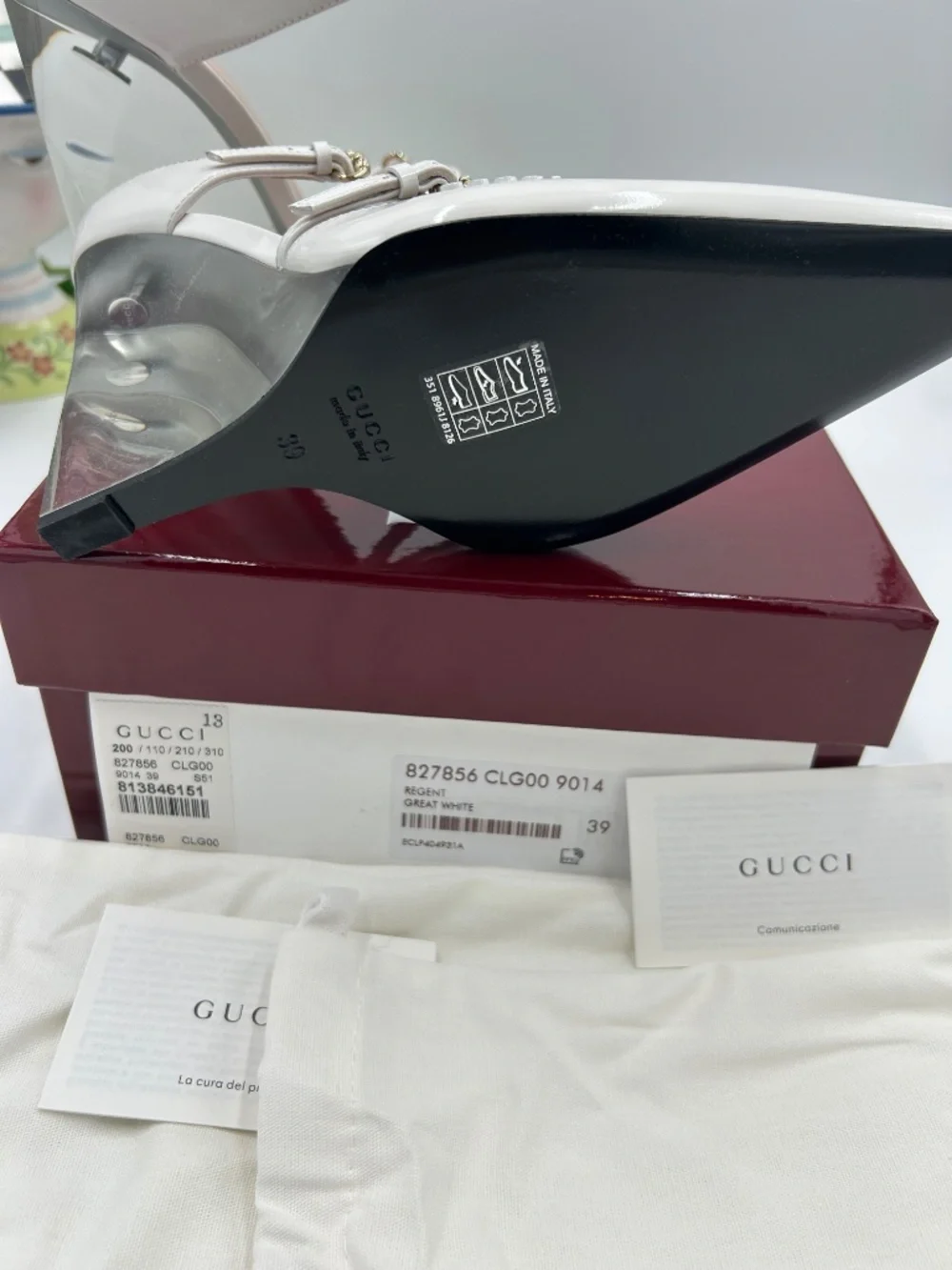 Women’s Gucci Christy Regent White Patent Leather Wedge Mules. Size 9.